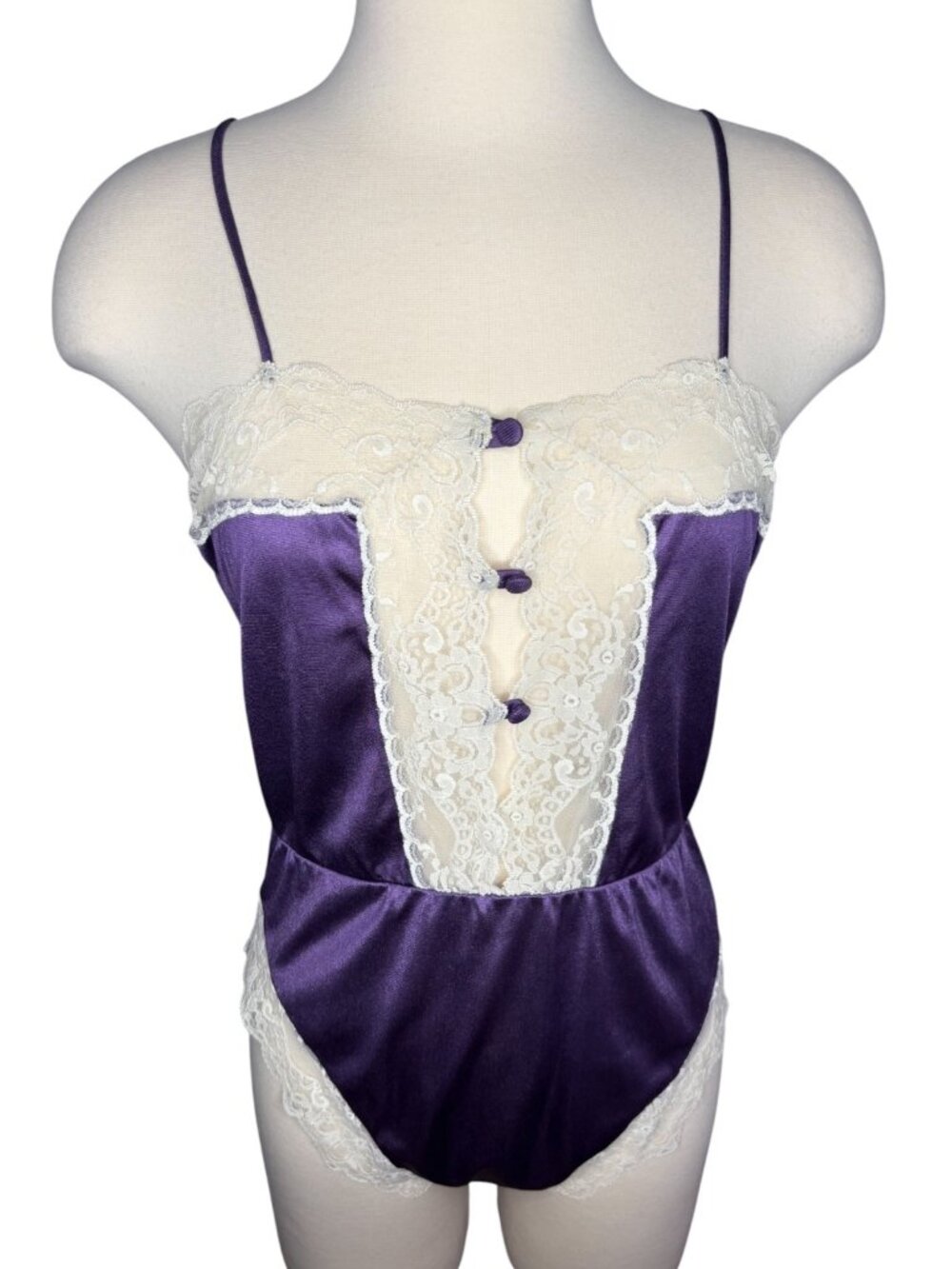 Vintage Sabrina for Mervyn's Purple Nylon Lace Detail Teddy Bodysuit Lingerie S